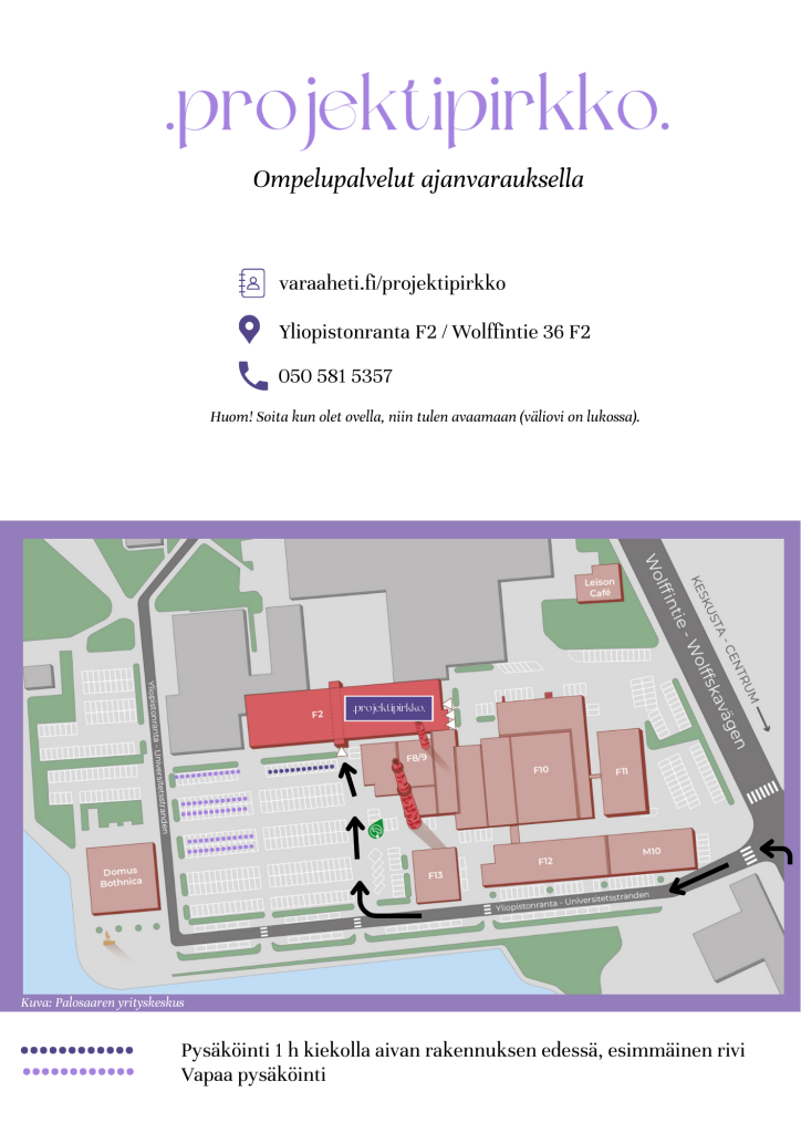 Projektipirkko Ompelupalvelut ompelimo ompelija vaateartesaani vaatekorjaus vaatehuolto vaatteen muokkaus pukumuokkaus juhlapukuompelu mittatilausompelut vaasa palosaari keskusta www.projektipirkko.fi ohjeet saapumiseen